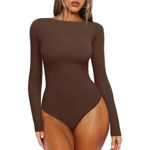 Women's Boat Neck Long Sleeve Bodysuit Coffee
